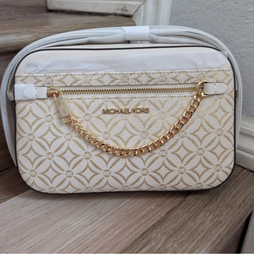 NWT Michael Kors Jet Set Large Metallic Logo Jacquard Crossbody Bag